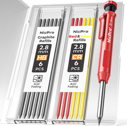 Nicpro Carpenter Pencil with Sharpener, Mechanical Pencils Set with 26 Refills, Deep Hole Marker for Construction, Heavy Duty Woodworking Tools for Architect (Black, Red) - With Case