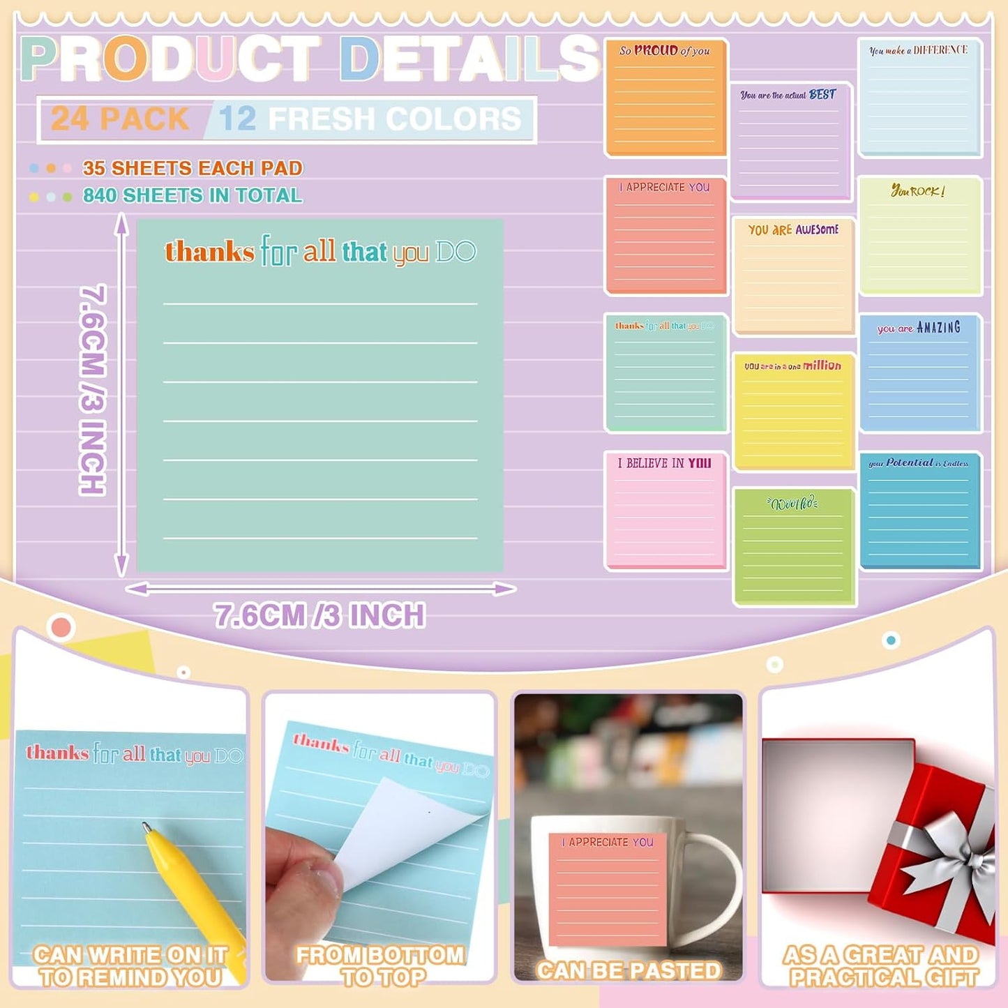 Yinder 48 Pcs Inspirational Sticky Notes Cute Motivational Sticky Notes Pad End of Year Employee Appreciation Gifts Bulk for Teacher Nurse Coworkers Office Supplies 3 x 3'' (Thank You,Dark Color)