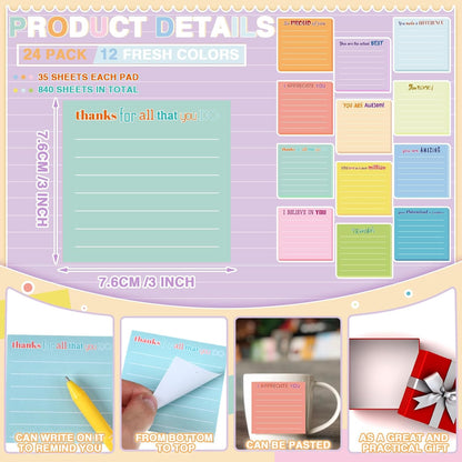 Yinder 48 Pcs Inspirational Sticky Notes Cute Motivational Sticky Notes Pad End of Year Employee Appreciation Gifts Bulk for Teacher Nurse Coworkers Office Supplies 3 x 3'' (Thank You,Dark Color)