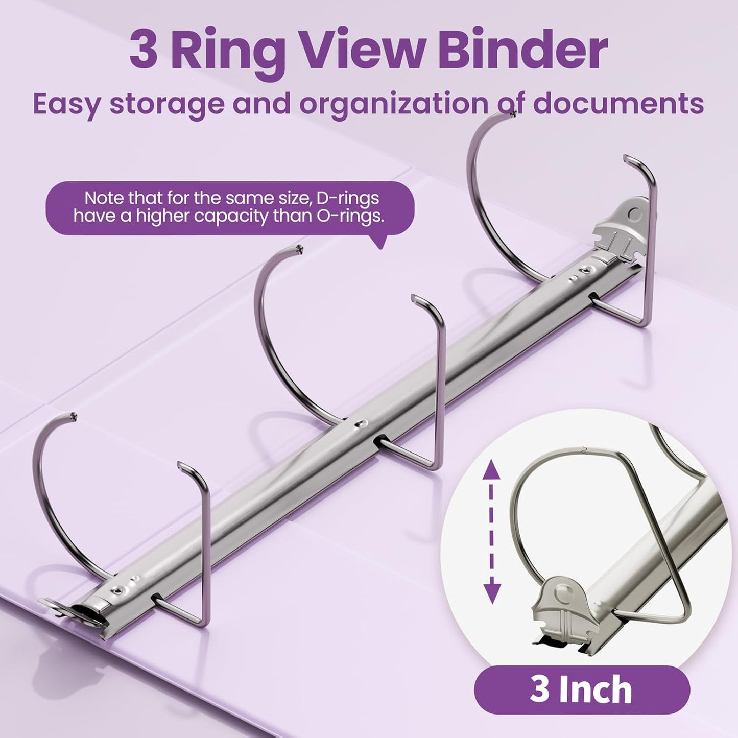 SUNEE 3 Ring Binder 2 Inch, Clear View Binder Three Ring PVC-Free (Fit 8.5x11 Inches) for School or Office Supplies, Light Purple, 1 Pack