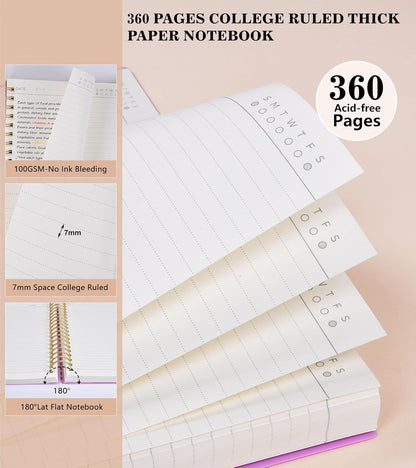MUAHLIUB Spiral Notebook Journal College Ruled, 360 Pages Lined Thick Journals for Women Men, B5 Big Notebooks with 100GSM Paper, Spiral Bound Journaling for Writing Work School Black 7.6"×10"