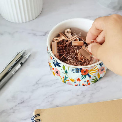 Paper Clip Holder Ceramic Paper Clip Holders Garden Floral Paperclips Holder Dispenser Cute Gold Line Paper Clip Organizer for Desk Binder Clip Holder Bobby Pin Hair Gift for Office Mint Flowers