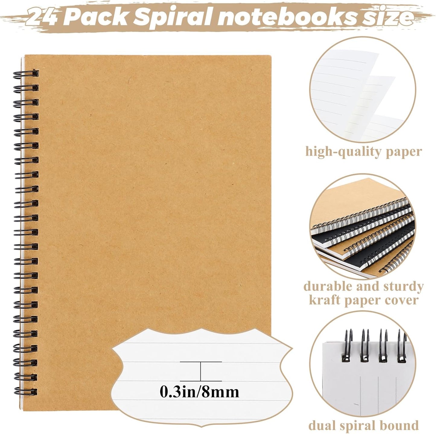 MIVIDE 24 Pack A5 Bulk Spiral Notebooks with Kraft Cover, 8.3 x 5.8 Inch 120 Pages Hardcover Spiral Lined Notebook Journal, Lined Travel Bulk Writing Notebook for School Office Supplies(Black, Kraft)