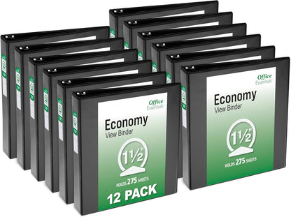 Office Essentials Economy View 3 Ring Binders, 3" Round Rings, 3.5" Spine, 460-Sheet Capacity, Black Binders (12-Pack of 03431)