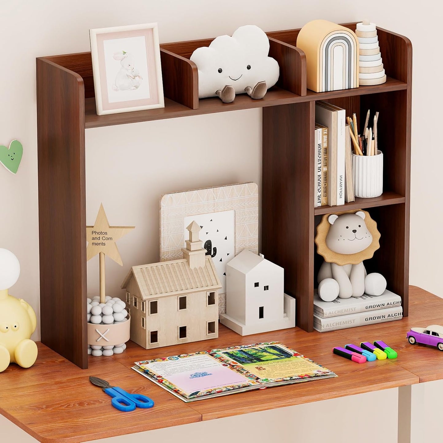Tangkula Desktop Bookshelf, Countertop Storage Hutch with 5 Shelves for Computer Desk, Desk 3-Tier Display Rack, Multipurpose Wood Desktop Hutch Storage Organizer for Dorm Office Home