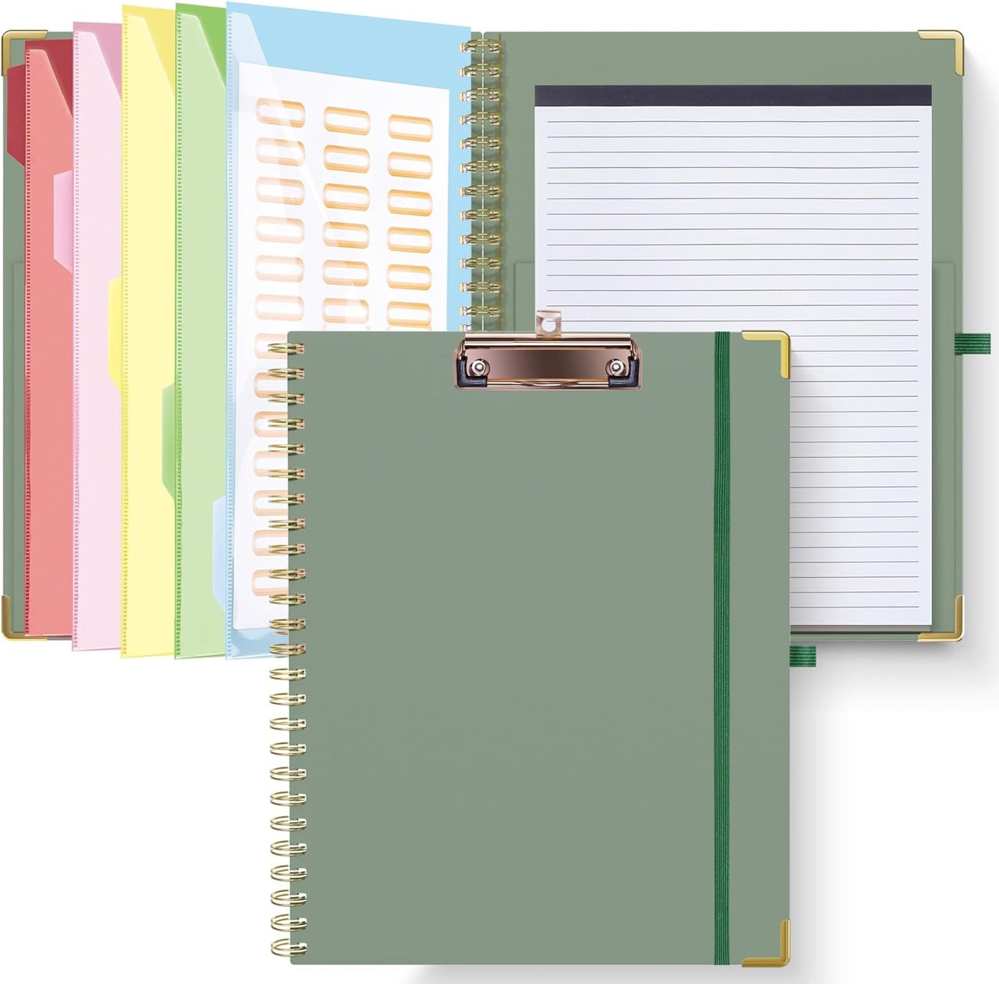 HAUTOCO Clipboard Folio with Refillable Notepad for Letter Size (11" x 8.5"), 5 Dividers with 10 Pockets, Elastic Pen Holder and File Folder Labels, Spiral Nurse Clipboard Artboard(Green)