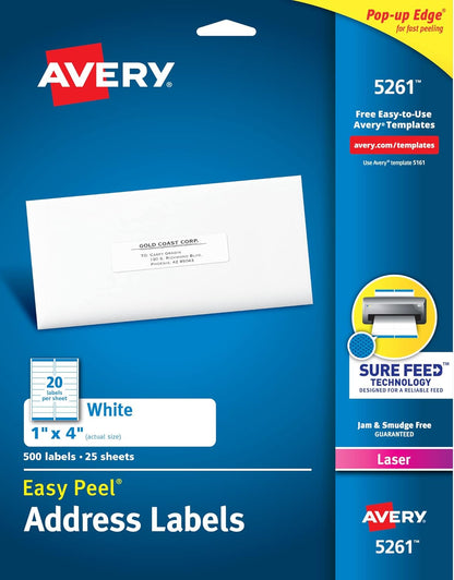 Avery Easy Peel Printable Address Labels with Sure Feed, 1" x 4", White, 2,000 Blank Mailing Labels for Laser Printers (5161)