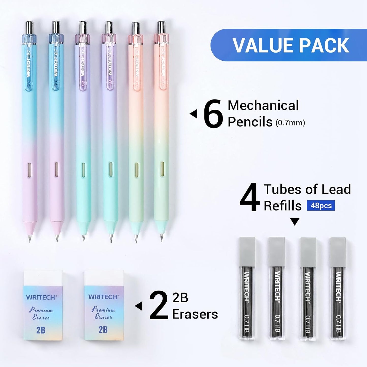 WRITECH Up Mechanical Pencil Set: 6ct Gradient Barrel 0.7mm Mechanical Pencils with 4 Tubes of HB Lead Refills and 2 Extra Erasers for Writing Drawing Sketching Drafting