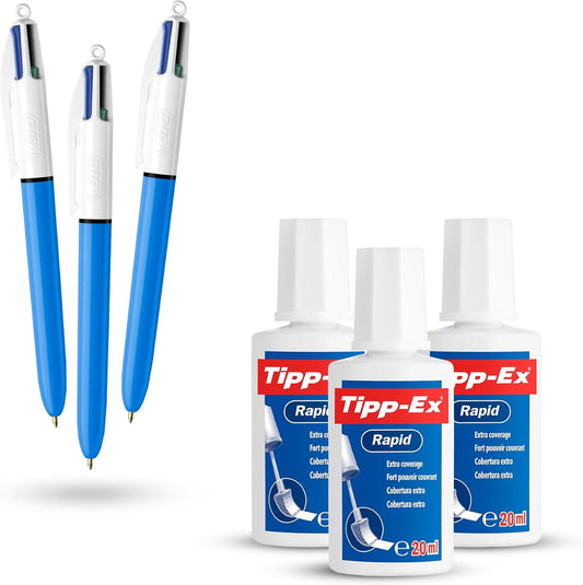 BIC 4 Colours Original Ballpoint Pens Pack of 3 with Blue, Black, Red, Green Ink & Tipp-Ex Rapid Correction Fluid Pack of 3 with 20ml Fast-Drying Brush Applicator for Writing and Corrections