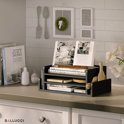 Ballucci 3-Tier Desk Organizer with 2 Side Mail Sorter Slots, Wood Letter Tray, Open Top Paper Organizer, Desktop File Organizer, Black