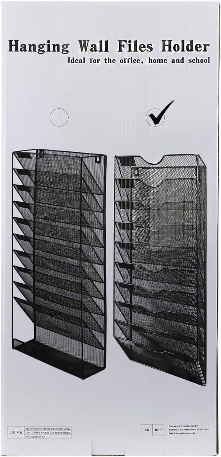 1 Pocket Mesh Wall File Holder Organizer Office Hanging File Folder Magazine Rack, Nametag Label Hooks Set Included (Black)