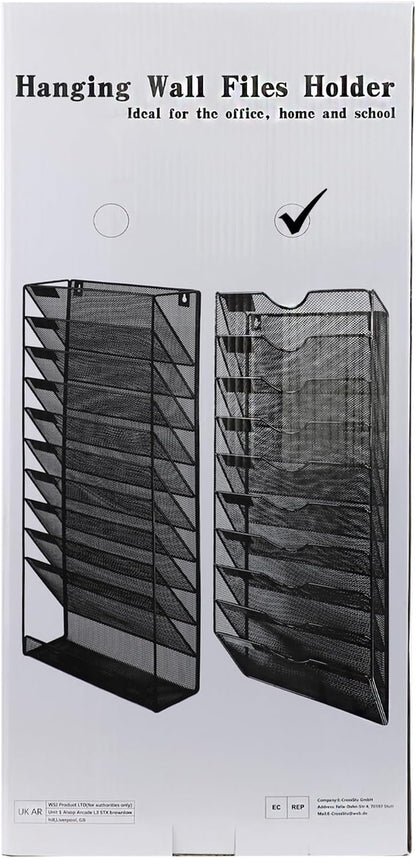 1 Pocket Mesh Wall File Holder Organizer Office Hanging File Folder Magazine Rack, Nametag Label Hooks Set Included (Black)