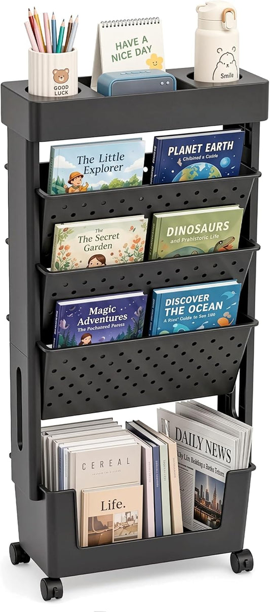 BYFU 6-Tier Movable Bookshelf Cart, Rolling File Storage Paper Organizer Mobile Bookcase with Wheels for Home Office Study Classroom, Black