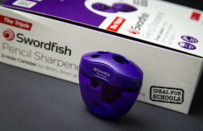 Swordfish ‘The Triple’ Three Hole Pencil Sharpener with Mess-Free Canister [Pack of 1] 8-16 mm [40228s], Purple