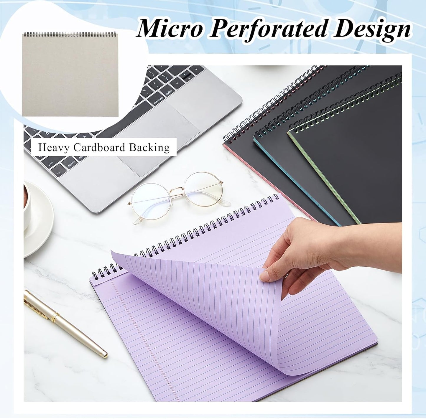 MotiMind 4 Pcs Legal Pads Landscape Notebooks Hole Punched Top Spiral Bound Notebooks 11 x 9.5 Inch College Ruled Drawing Notepad Tear Line for Removal 50 Sheet Office Steno Book(White)
