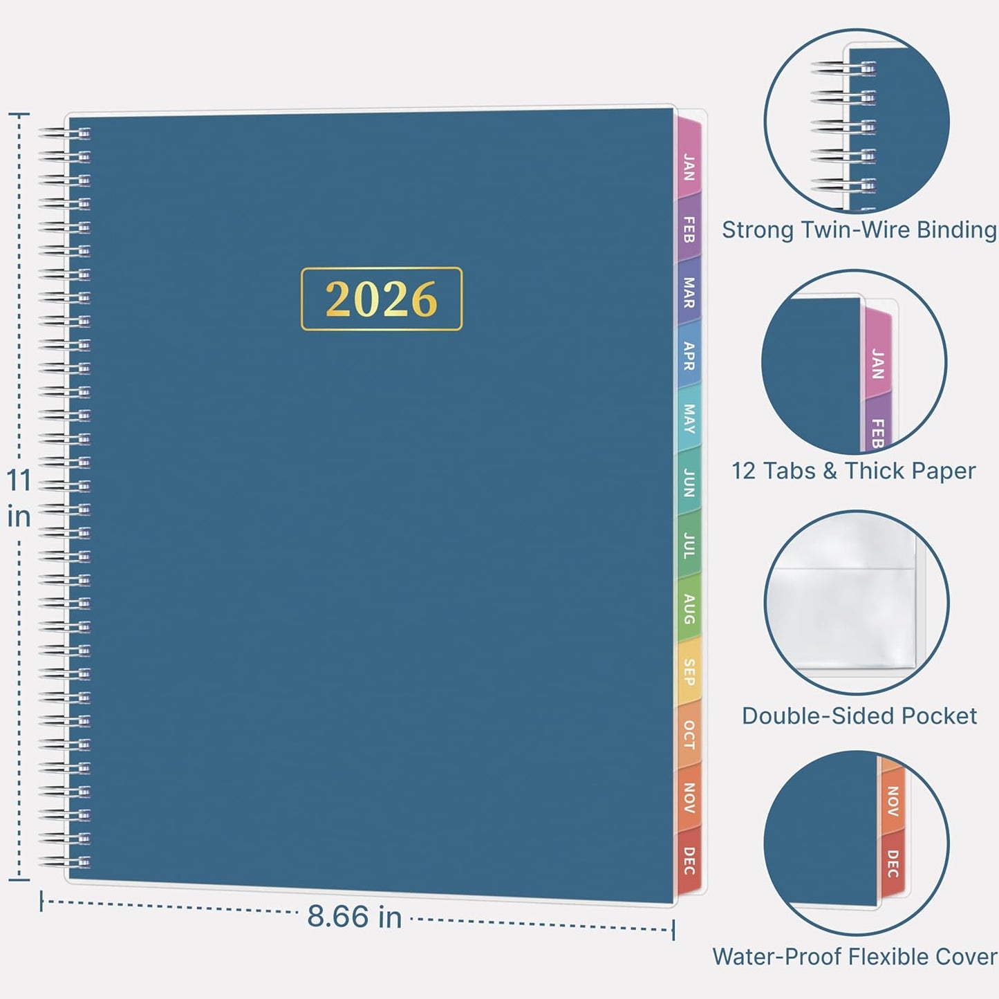 2026 Appointment Book, 30 Minutes-Hourly, Weekly ＆ Monthly Calendar Planner 2026, Jan 2026 - Dec 2026, 8.5'' x 11'', 2026 Daily Planner with Tabs ＆Pocket, Flexible Cover, Great for Office, Home, School