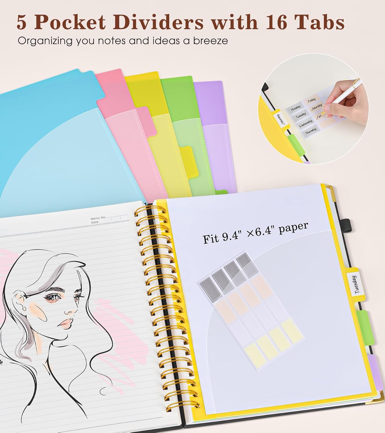 Hardcover Large Spiral Notebook 8.5" x 11" with Removable Dividers Tabs, 300 pages Leather 5 Subject Notebook College Ruled, A4 Journal for Women Men, Notebooks for Work School Note taking,Black
