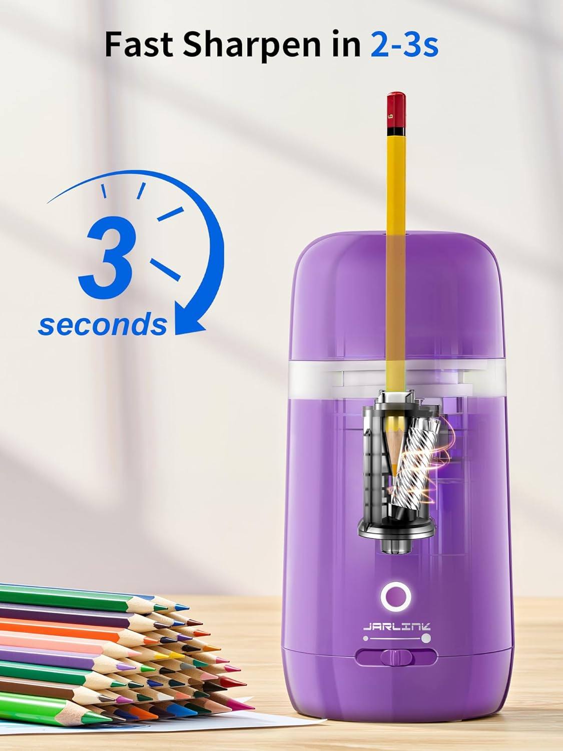 JARLINK Automatic Electric Pencil Sharpener - Hands-Free Operation, 3 Sharpness Modes, 3-Second Sharpening, Rechargeable & Portable for 7-12mm Pencils, Ideal for Classroom and Home Use (Black)