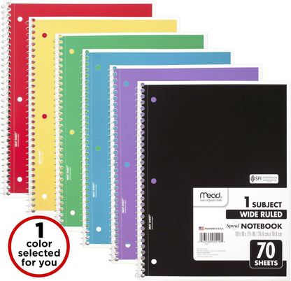 Mead Spiral Notebook, 1 Subject, Wide Ruled Paper, 7-1/2" x 10-1/2", 70 Sheets, Color Will Vary (05510)