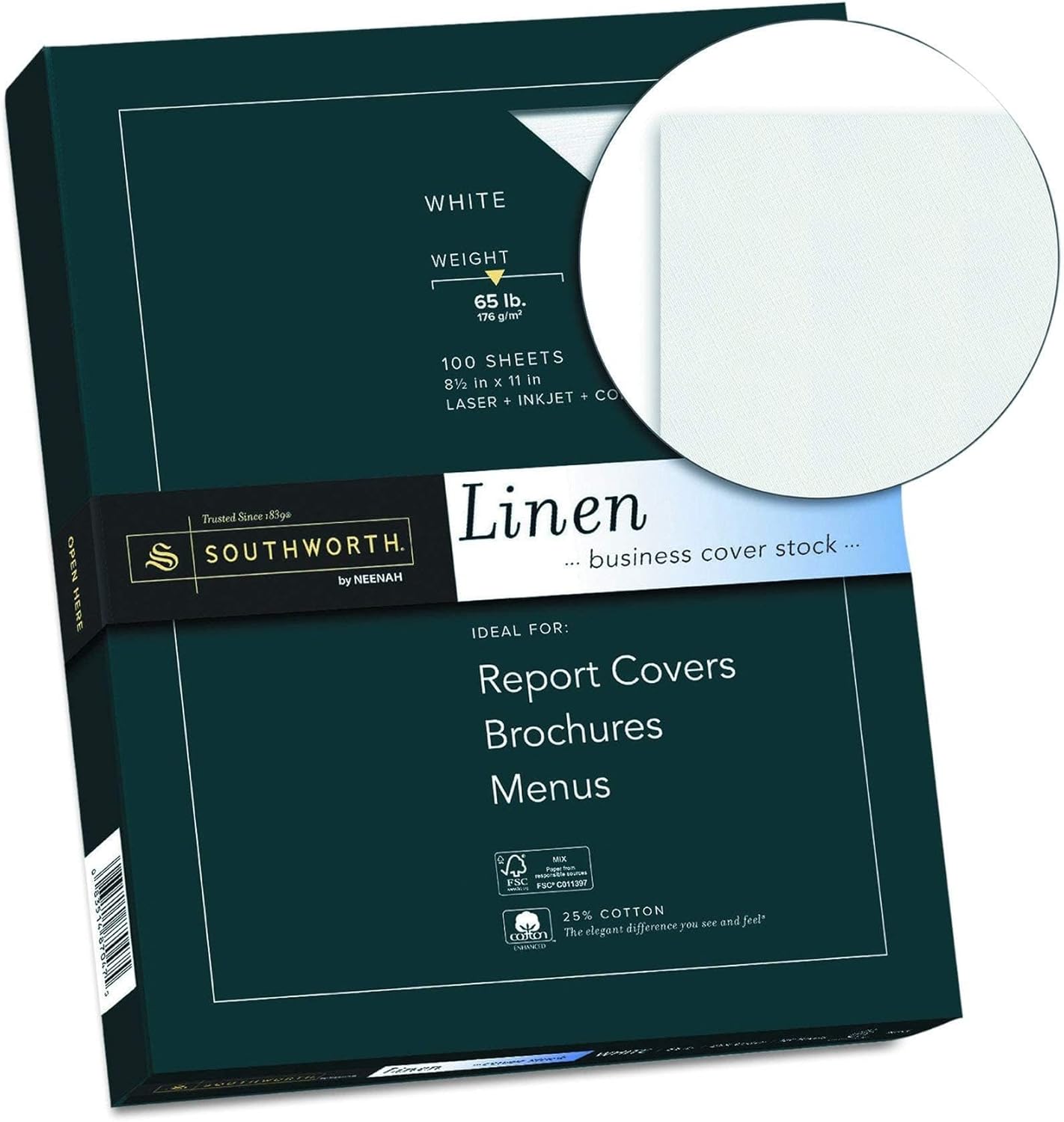 Southworth Z550CK 25% Cotton Linen Business Coverstock White 65 lbs 8-1/2 x 11 100/Box FSC
