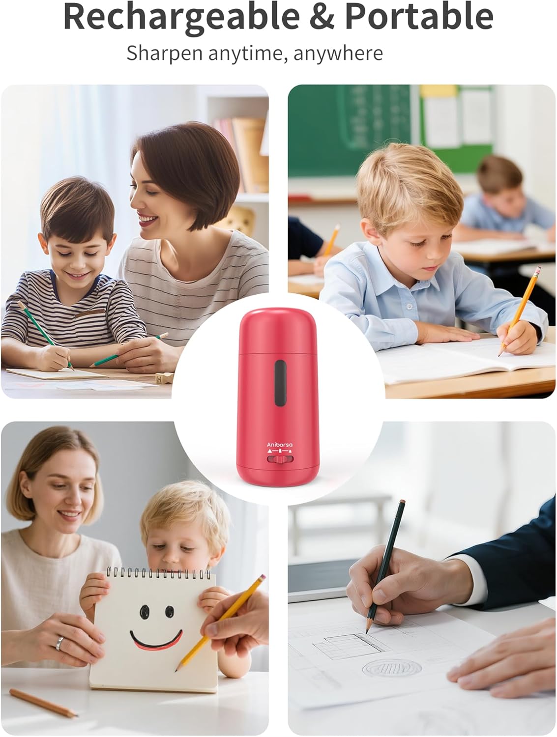 Automatic Electric Pencil Sharpener - Auto Feed, Auto Stop & Auto Eject, Rechargeable for Classroom, Home, School, Office, Black