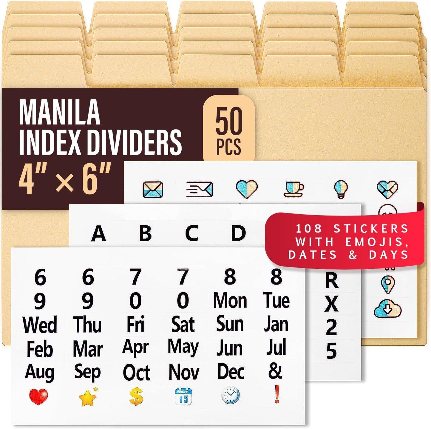 25 Heavyweight Manila Index Card Box Dividers - 3x5 with Tabs & 108 Stickers, Monthly & Recipe Guides, Greeting Card Dividers