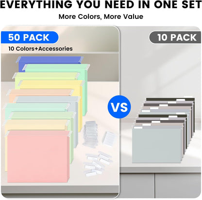 25-Pack Green Hanging File Folders, Letter Size (8.5" x 11") with 1/5-Cut Tabs,Includes 35 Transparent Label Cards & 50 Sticker Labels for Home & Office Organization