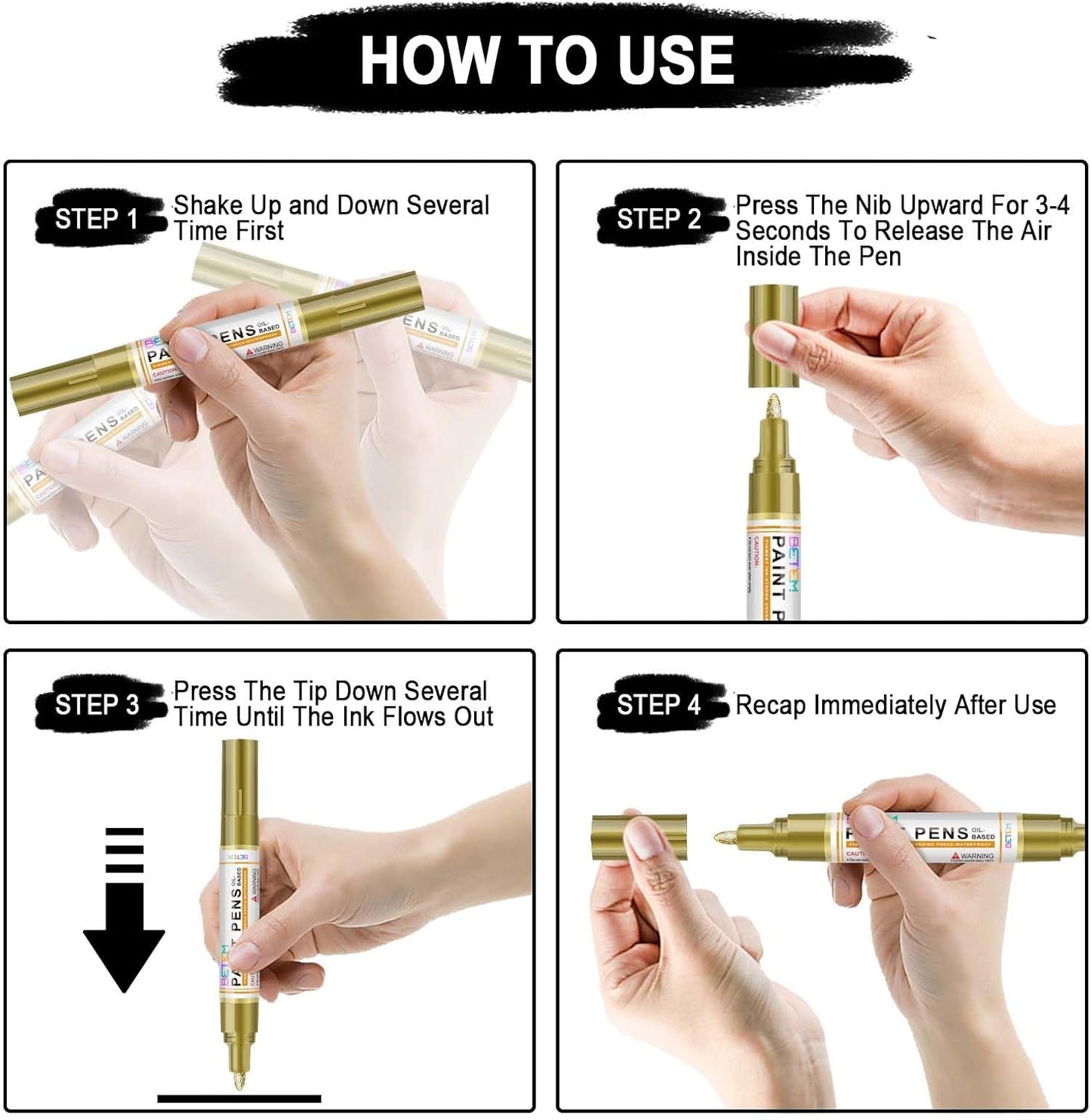 Betem 4 Count Dual Tip Oil Based Black White Paint Pen(0.7mm & 3mm), White Permanent Marker Black Paint Markers, Waterproof, Quick Dry, for Fabric, Rock Painting, Wood, Plastic, Ceramic, Metal, Canvas