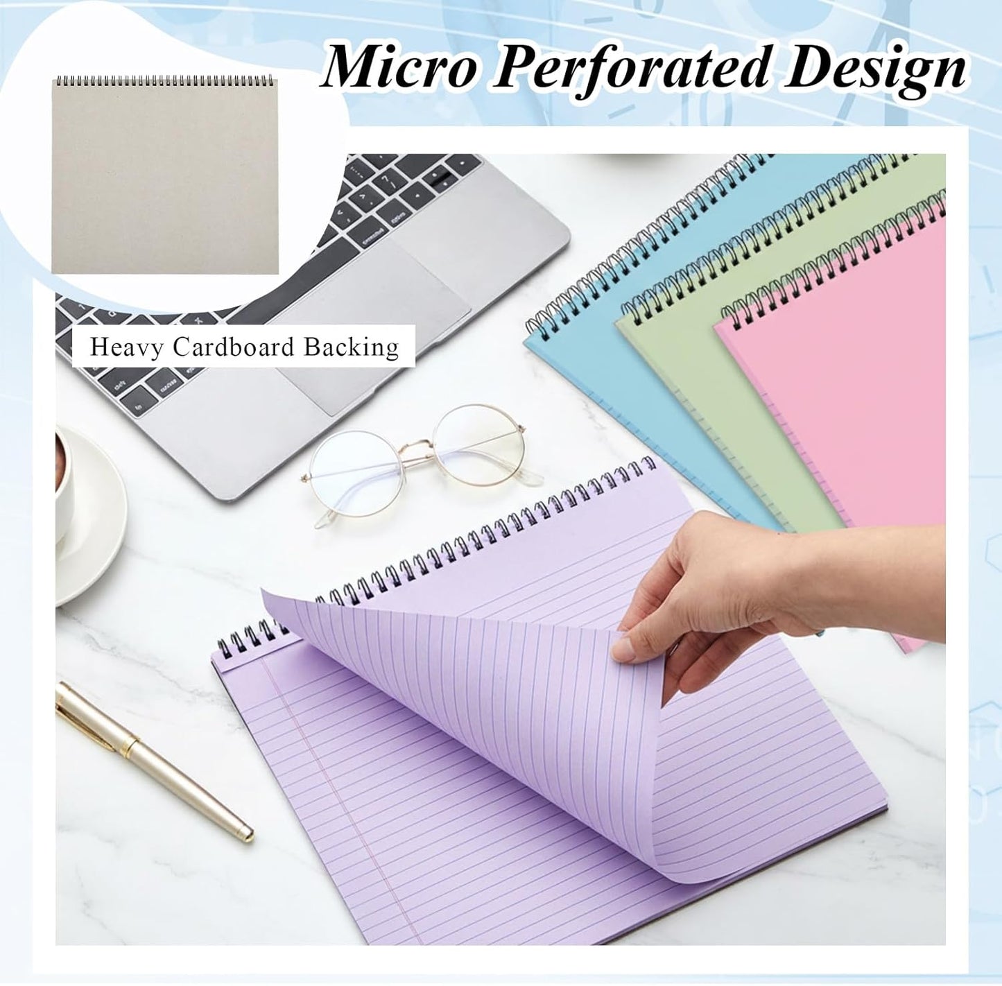 MotiMind 4 Pcs Legal Pads Landscape Notebooks Hole Punched Top Spiral Bound Notebooks 11 x 9.5 Inch College Ruled Drawing Notepad Tear Line for Removal 50 Sheet Office Steno Book(White)