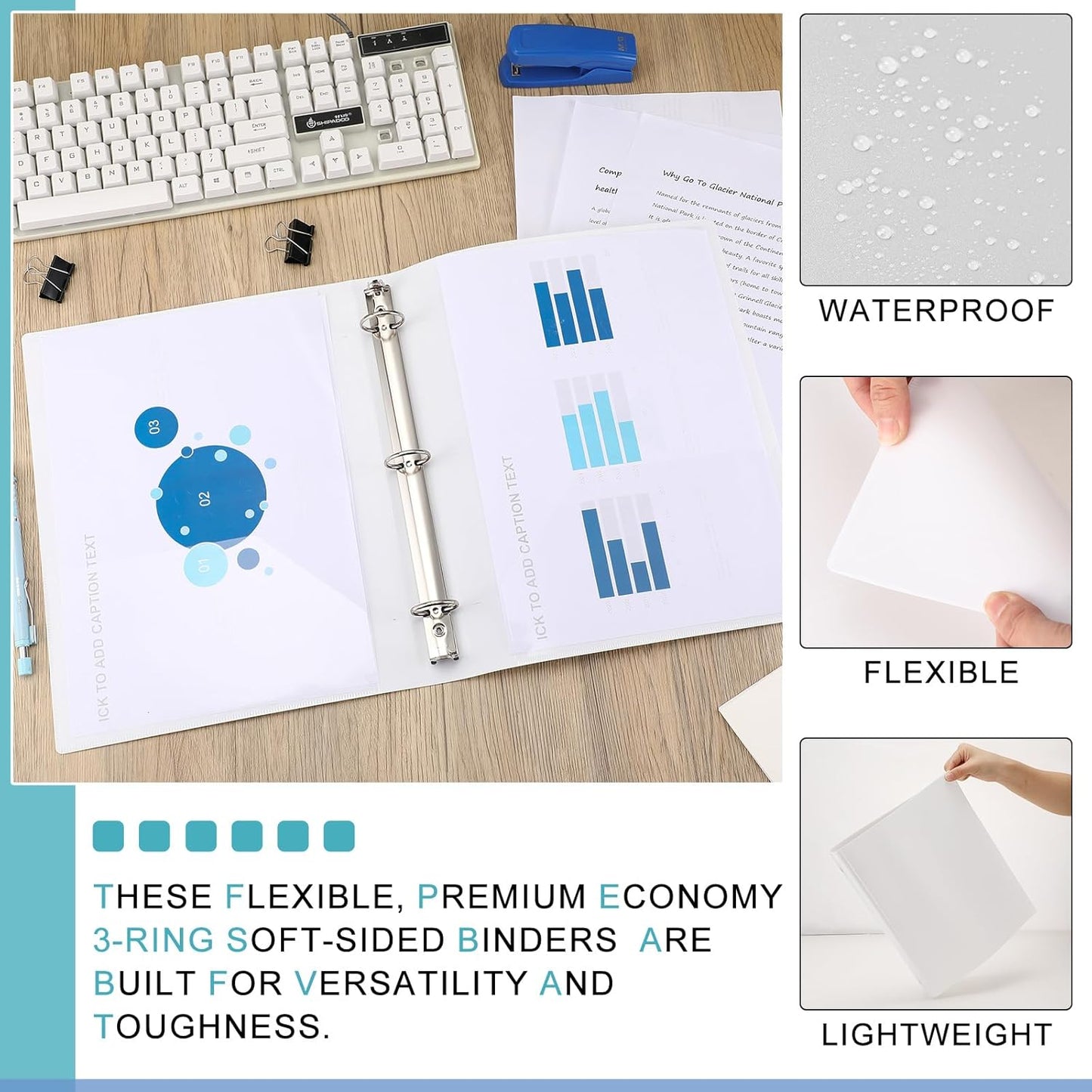 Fulmoon 12 Pcs Economy View 3 Ring Plastic Binder 12.2 x 9.8 Inch Plastic Round Ring Binders with Pockets Notebinder for Meetings for Home, Office, School(White, 1/2 Inch)