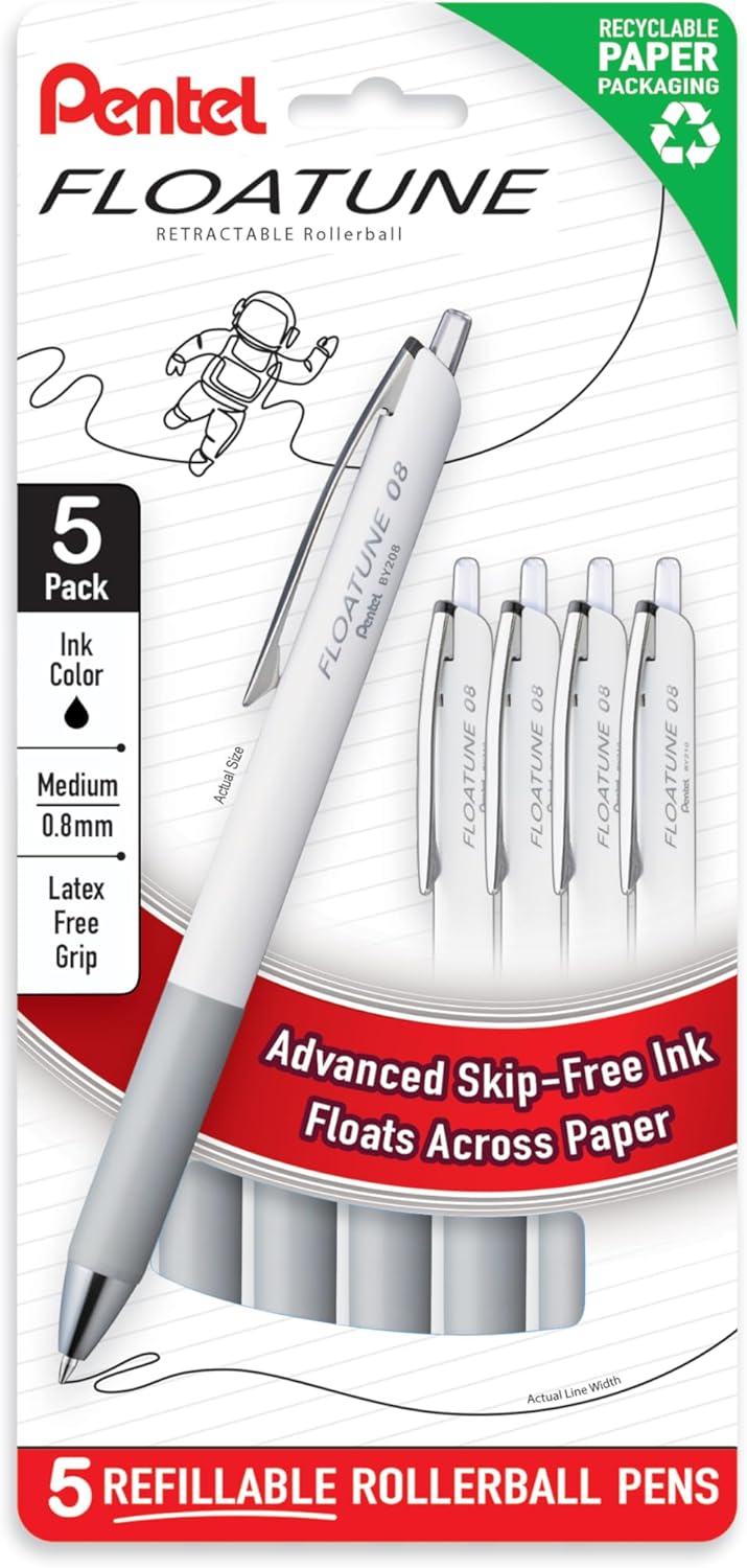 Pentel Floatune Retractable Rollerball, 0.8mm Medium Point, Black Ink, 5-pk (BY208PF5A)