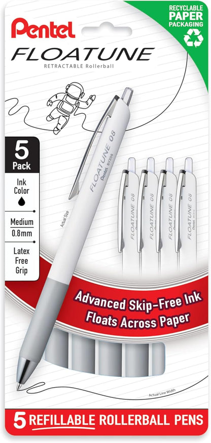 Pentel Floatune Retractable Rollerball, 0.8mm Medium Point, Black Ink, 5-pk (BY208PF5A)
