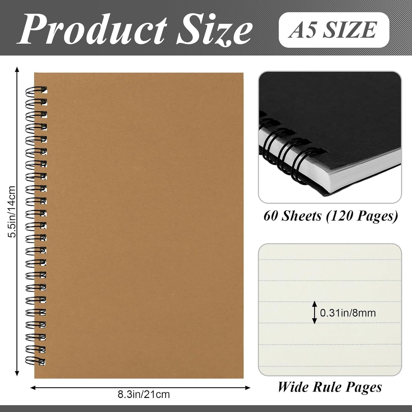 Leelosp 12 Pack Small Spiral Notebook Lined Spiral Journal College Ruled Notebook Wire Bound Kraft Cover, 120 Pages for Work (Multicolor,5.5 x 8.3 Inch)