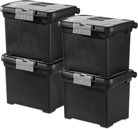 Sterilite 4-Pack Portable File Box, Stackable Container for Letter Hanging Folders, Black - Paper Document Plastic Storage Organizer with Latching Lid for Home, Office, and Dorm Organization