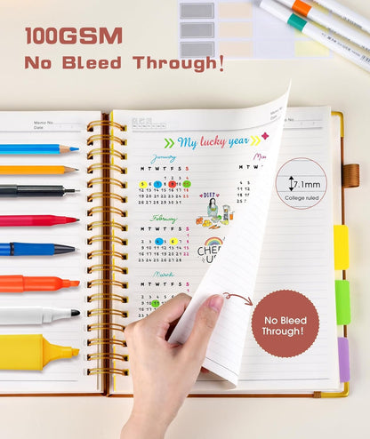 Hardcover Spiral Notebook Journal with Removable Dividers Tabs, 300 Pages Leather 5 Subject Notebook College Ruled, 8"x10" Large B5 Notebooks for Work School Note taking, Lined Journal for Women, Pink