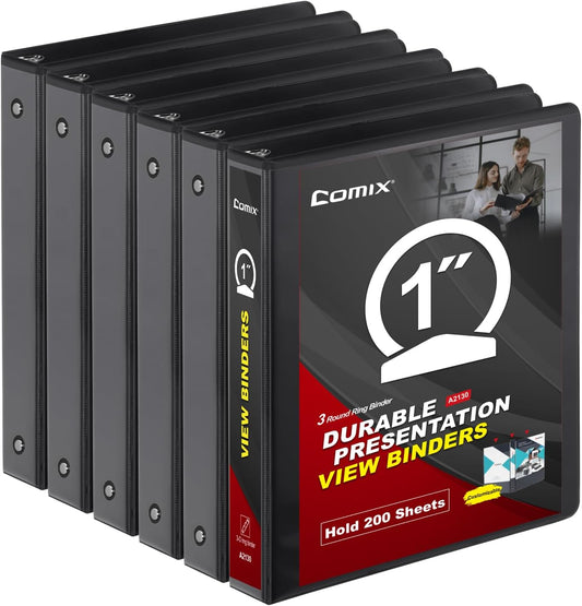 COMIX Sturdy 3 Ring Binder 1.5 inch with Clear View Cover, 1-1/2" Round Ring View Binder, PVC-Free, 2.4mm-Thick, 300 Sheets Capacity of US Letter Size Paper, Office ＆ School Supplies, 6 Pack (White)