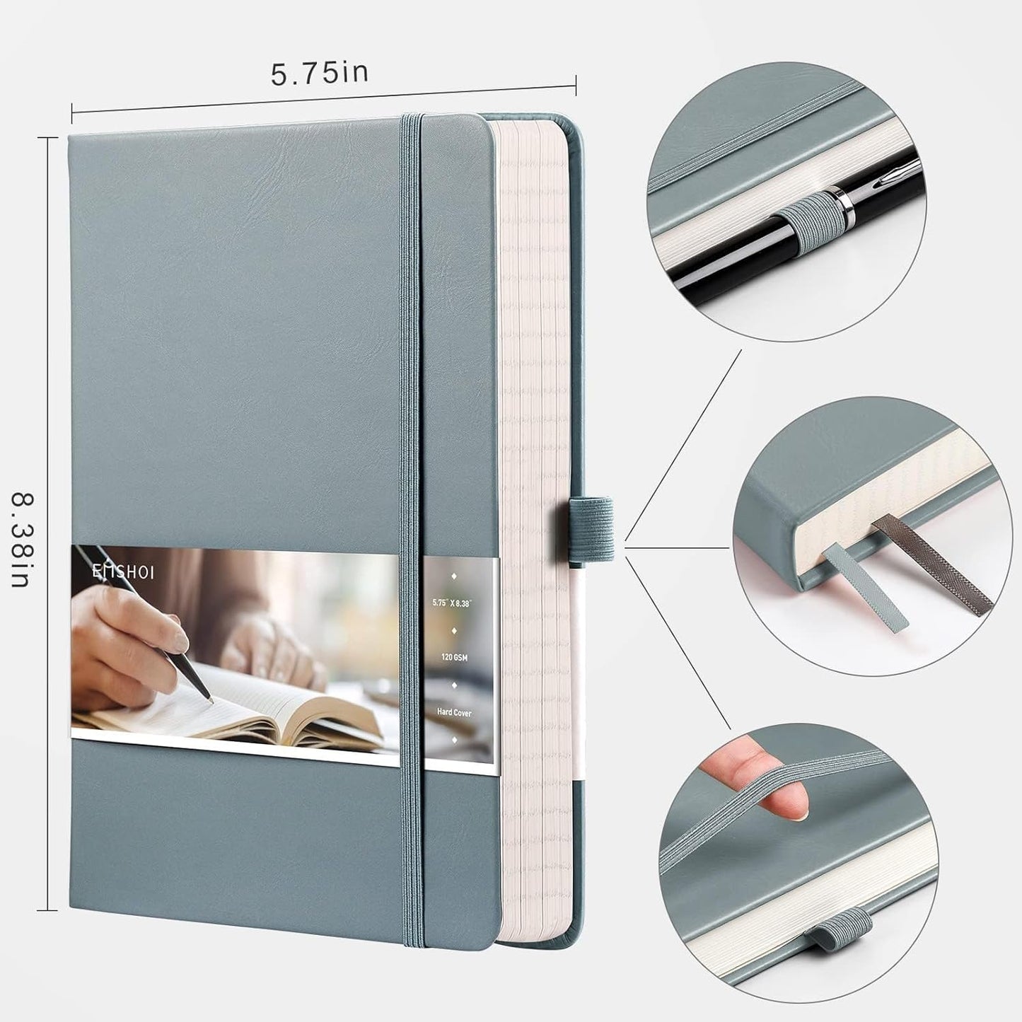 EMSHOI Graph Paper Notebook - 256 Pages A5 Graph Notebook/Journal, Hard Cover, 120gsm Thick Paper, Smooth PU Leather, Inner Pocket, 5.75'' × 8.38''-Black