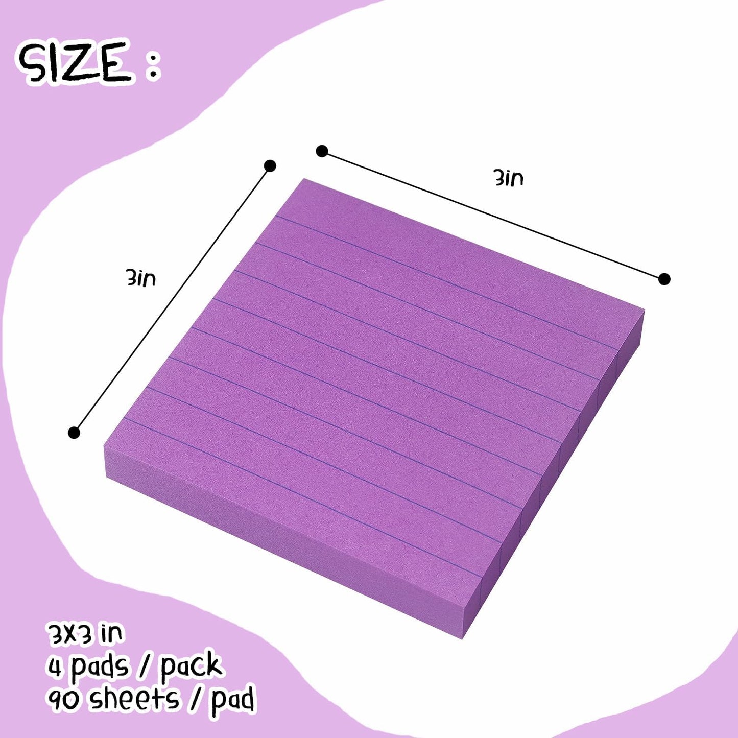 Lined Sticky Notes 3x3 Sticky Notes with Lines Self-Stick Notes Bright Color 4 Pads 90 Sheets/Pad (Pastel)