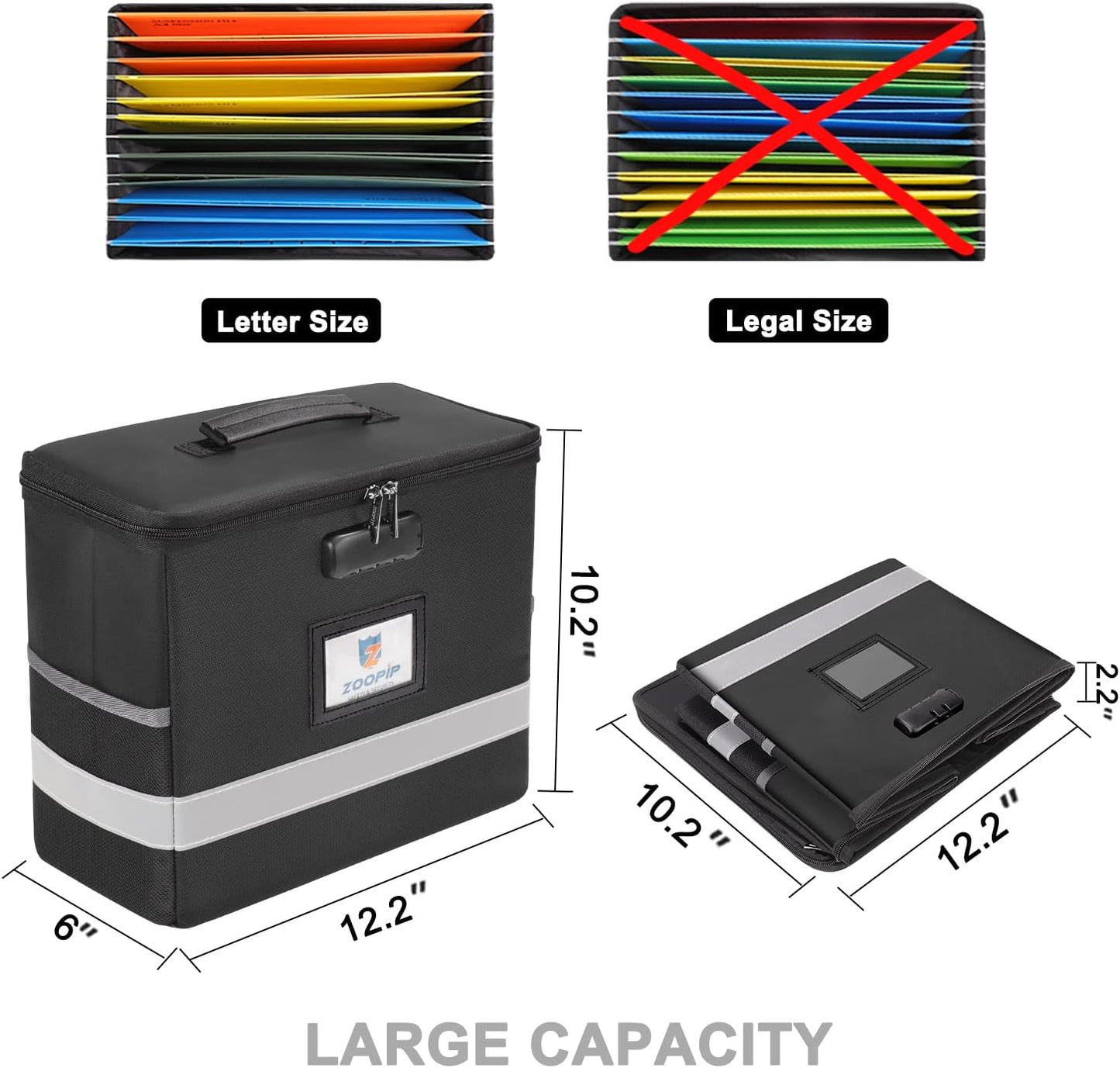 Fireproof File Box with Lock, Document Box Storage Organizer, Suitable for Hanging File Folders in Letter Size, Collapsible File Box, Reflective Strip for Fast Find (12.2"*6"*10.2, Black)