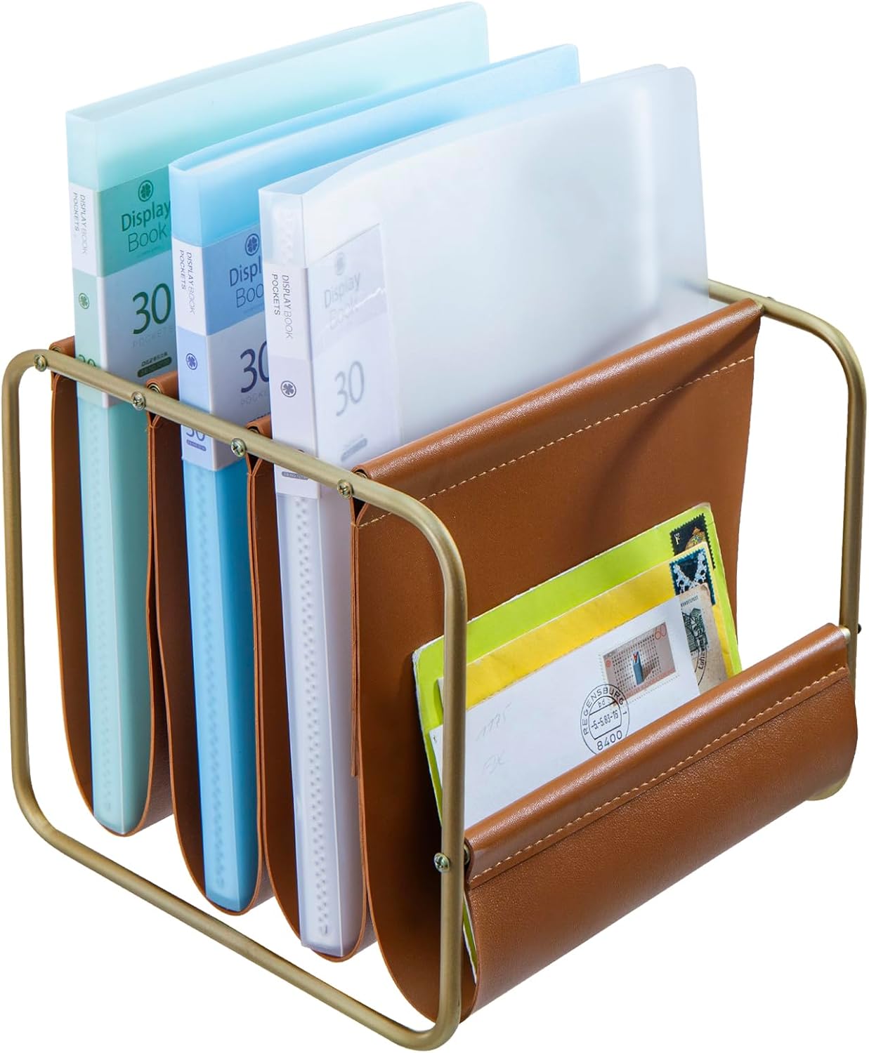 MyGift Modern Brass Tone Metal & Caramel Leatherette Desktop Folder Holder – Office Mail Sorter Organizer for Desk, Letters, Files, and Documents