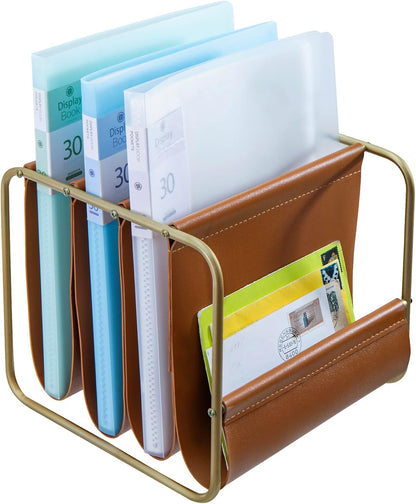 MyGift Modern Brass Tone Metal & Caramel Leatherette Desktop Folder Holder – Office Mail Sorter Organizer for Desk, Letters, Files, and Documents