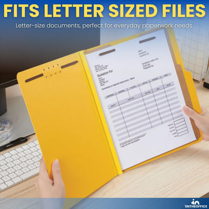 1InTheOffice Classification Folders, 2 Dividers, Pressboard, Letter Size, 6 Fasteners, Yellow, 10 Pack