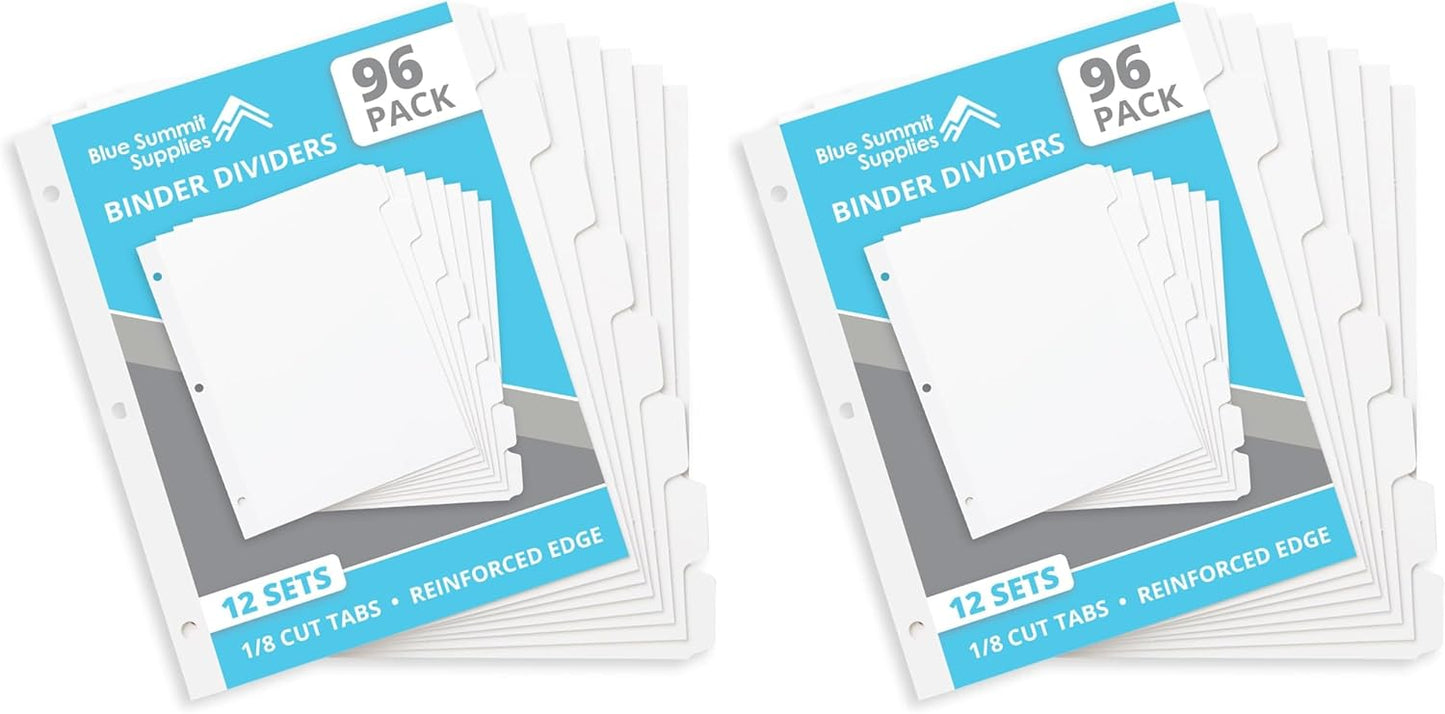 Blue Summit 8 Tab Dividers for 3 Ring Binder, Reinforced Edge, 1/8 Cut, Letter Size, Binder Dividers 8 Tab Bulk for Notebooks, White Index Divider, 12 Sets, 96 Pack