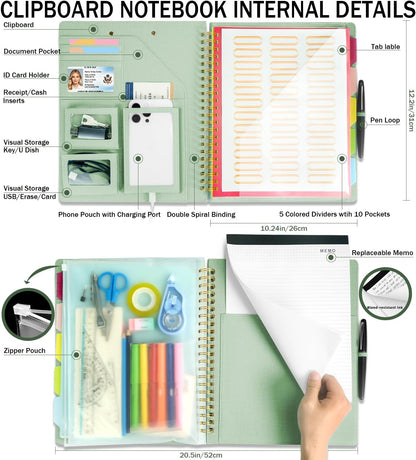 Grey Foldable Spiral Clipboard Folio with Storage Zipper Pouch, 5 Plastic Folders with Pockets,Refillable Lined Notepad (8.5" x 11"), Hardcover Project Organizer with 39 Stickers