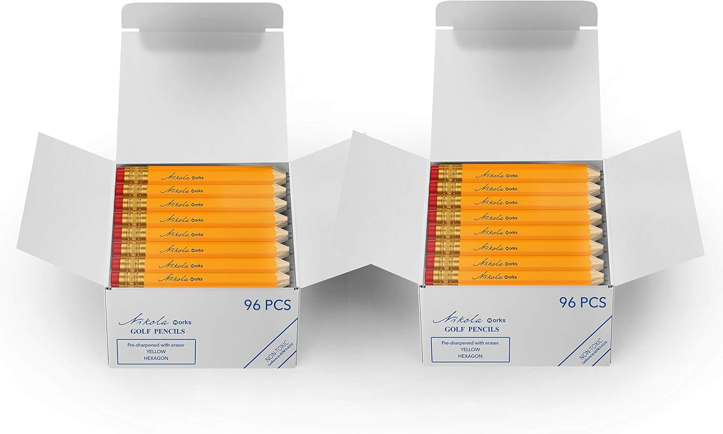 Mini Golf Pencils Without Erasers - 96 Count - Classic Pre-Sharpened #2 HB American Pew Pencils Standard Hex Shaped Bulk Pack