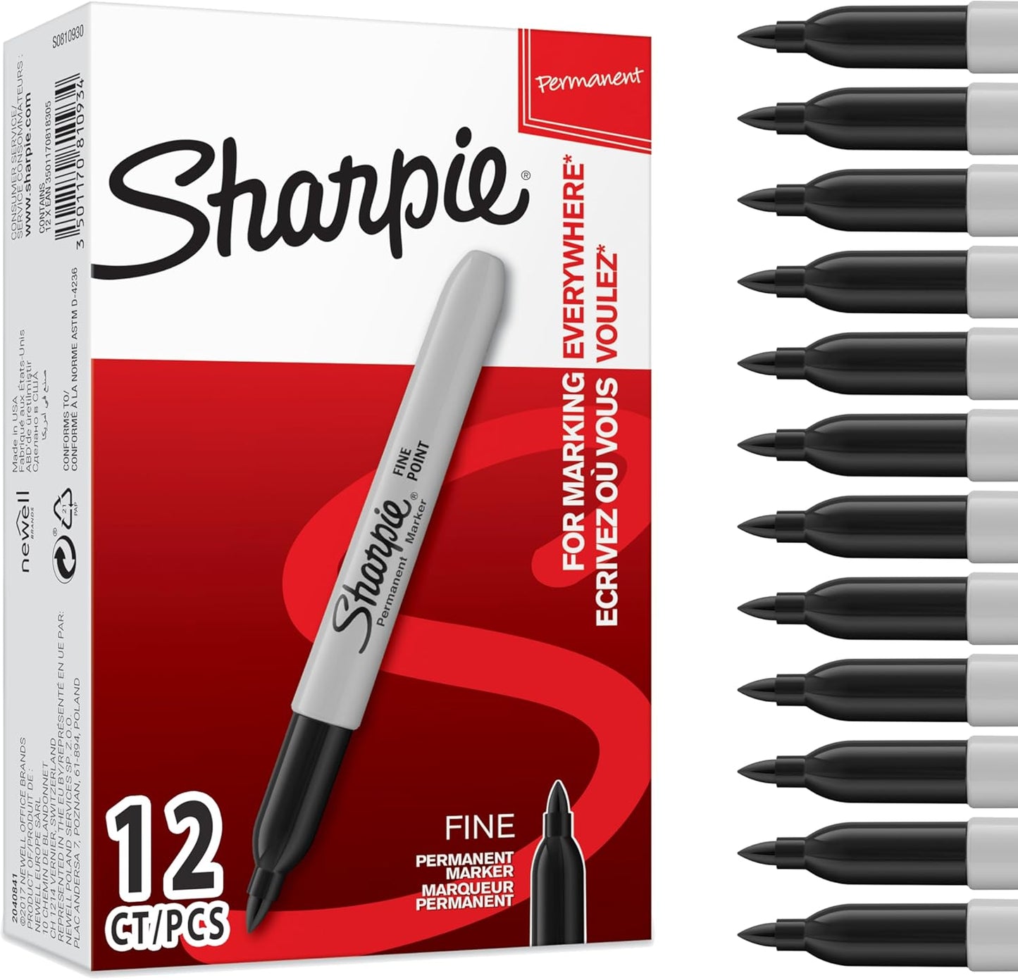 Sharpie Permanent Markers, Fine Point, Black, 12 Count