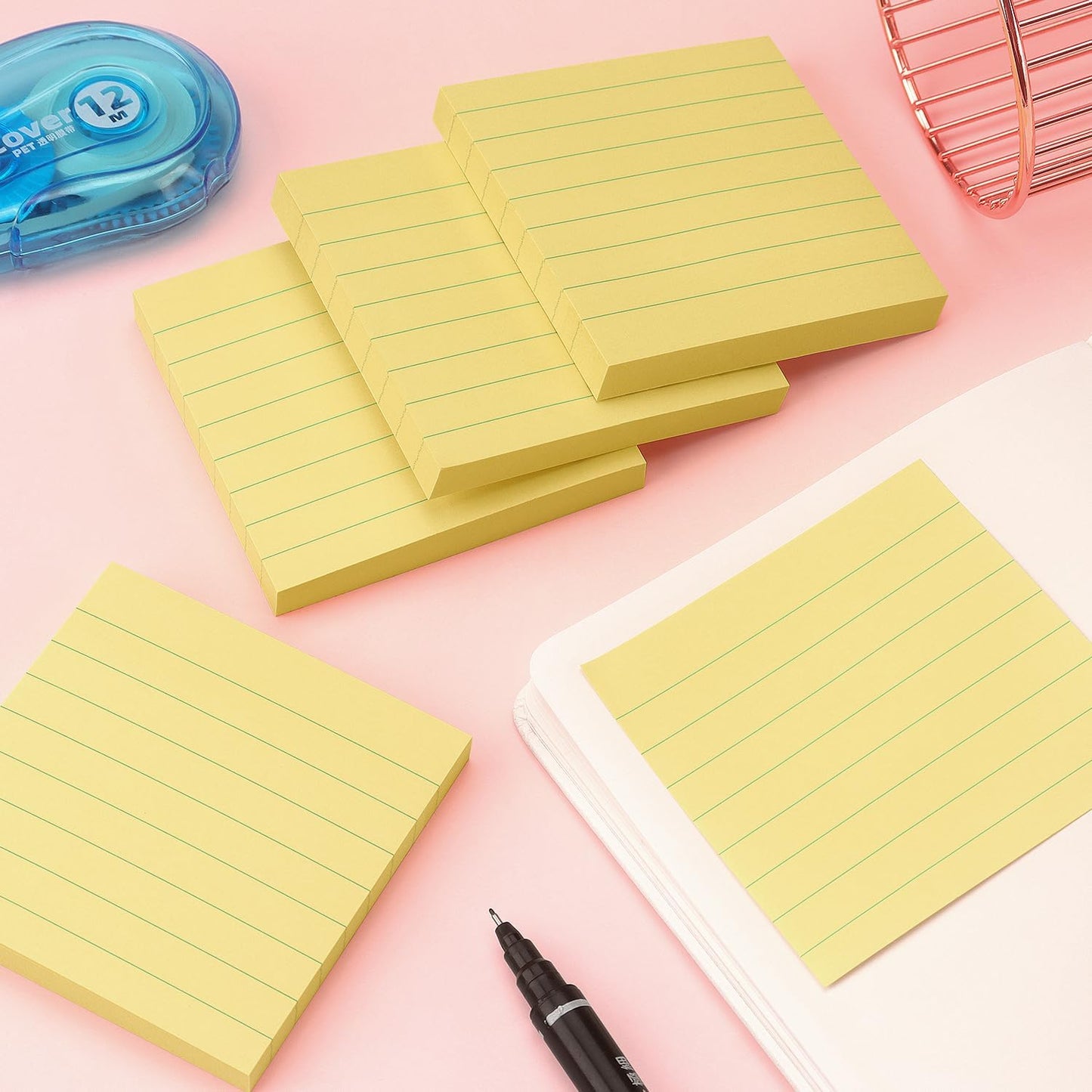 Lined Sticky Notes 3x3 Sticky Notes with Lines Self-Stick Notes Bright Color 4 Pads 90 Sheets/Pad (Pastel)