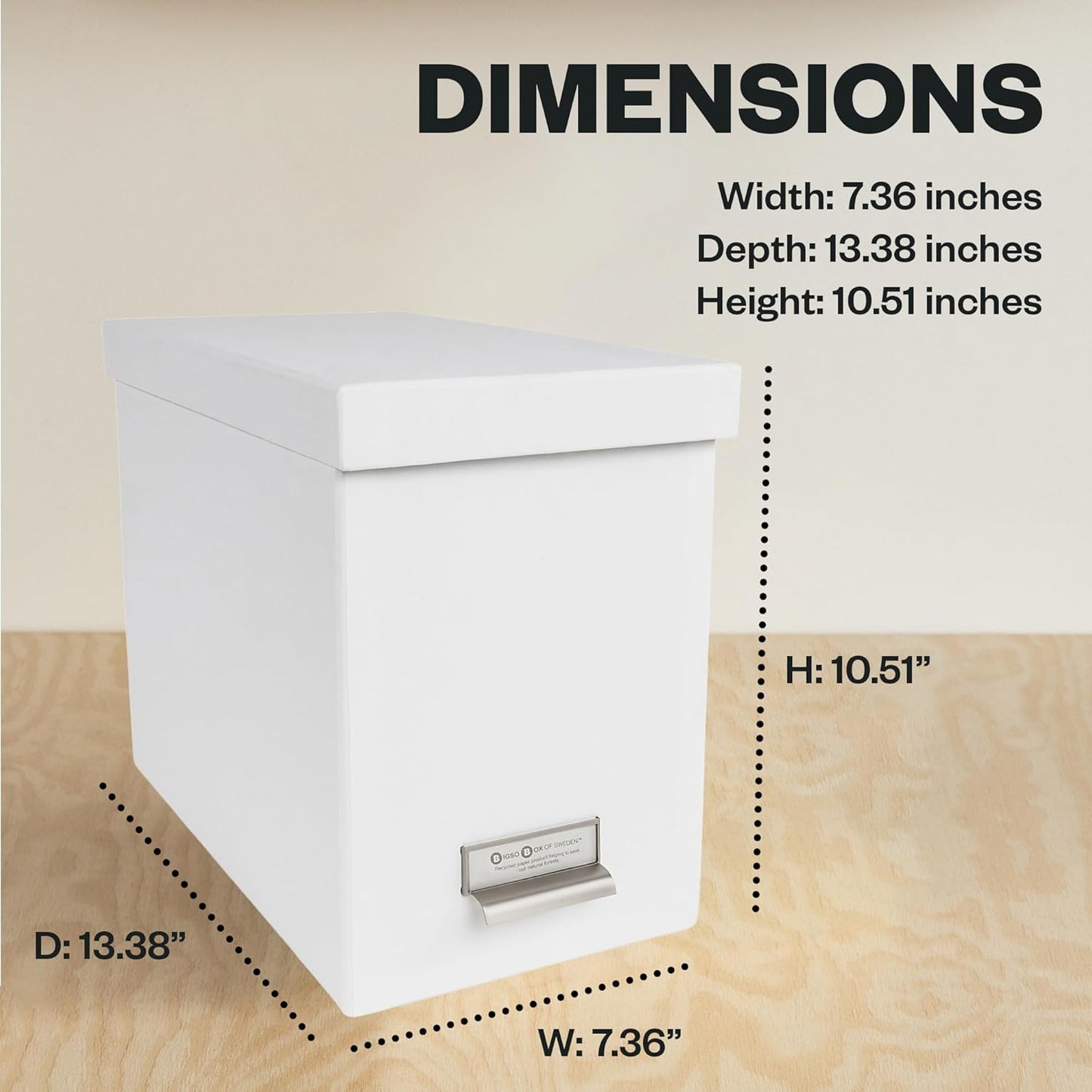 Bigso John Fiberboard Label Frame Desktop File Storage Box - Document Organizer for Important Paperwork - Durable Hanging File Box with a Lid & Metal Label Window - 7.36 x 13.38 x 10.51 in - White