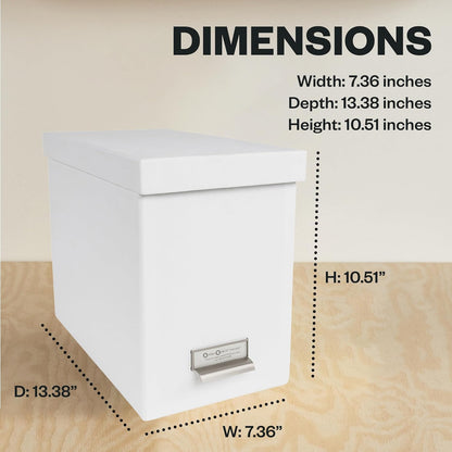 Bigso John Fiberboard Label Frame Desktop File Storage Box - Document Organizer for Important Paperwork - Durable Hanging File Box with a Lid & Metal Label Window - 7.36 x 13.38 x 10.51 in - White