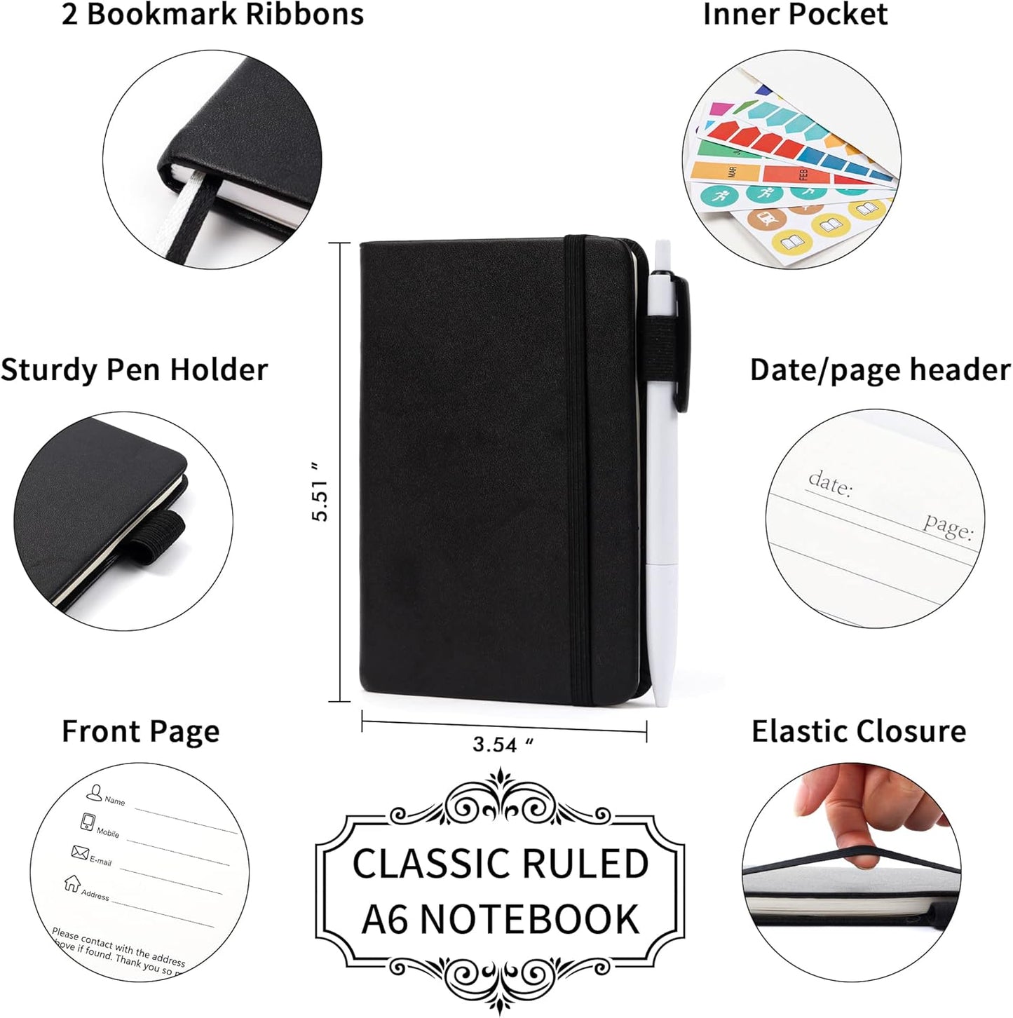 feela 3 Pack Pocket Notebook Journals with 3 Black Pens, A6 Mini Cute Small Journal Notebook Bulk Hardcover College Ruled Notepad with Pen Holder for Office School Supplies, 3.5”x 5.5”, Gray